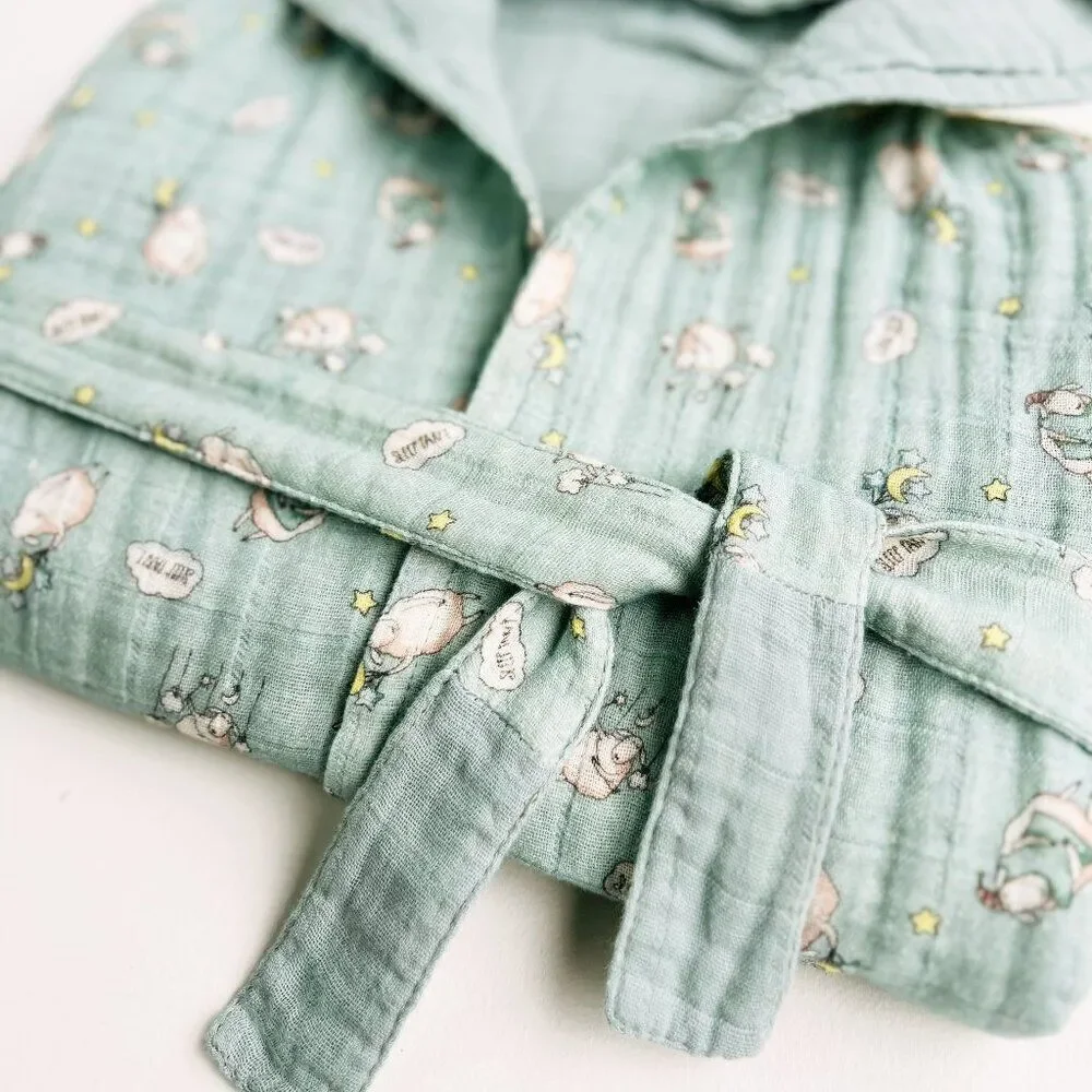 KIDS Organic Muslin Cotton Bathrobe - Reversible Sleepy sheep green